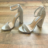 Steve Madden Silver Rhinestone Ankle Strap Block Heel Sandals- Size 7