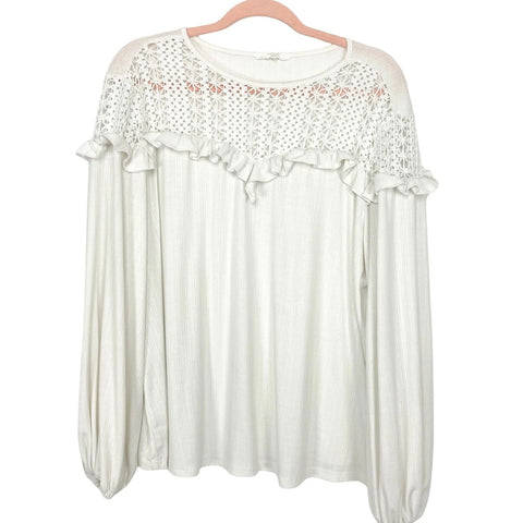 Amaryllis Off White Crochet Ruffled Chest Balloon Sleeve Top- Size XL