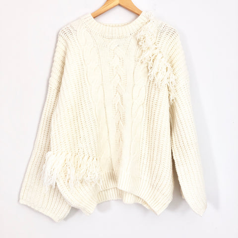 Vestique Ivory Cable Knit Fringe Sweater NWT- Size S