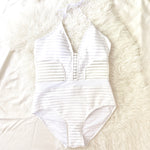 Ozowo White Ribbed and Sheer One Piece Swimsuit- Size M