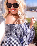 BP Smocked Gingham Ruffle Sleeve Off the Shoulder Top- Size S