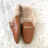 Nature Breeze Camel Faux Fur Mules with Gold Buckle- Size 10
