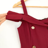 Iris Maroon Off the Shoulder Faux Wrap Romper with Gold Button Detail- Size S