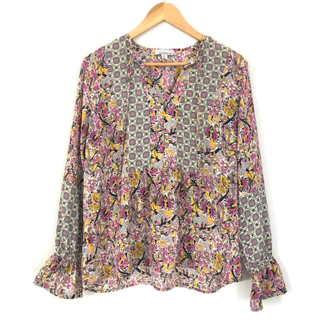 Allison Joy Floral Patterned Blouse with Ruffle Cuff- Size M