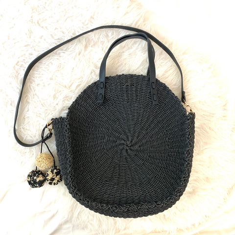Zara Basic Black Straw Round Shoulder Bag