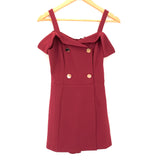 Iris Maroon Off the Shoulder Faux Wrap Romper with Gold Button Detail- Size S