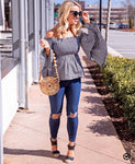 BP Smocked Gingham Ruffle Sleeve Off the Shoulder Top- Size S