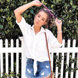 Lush Button Up Blowball Dandelion Pocket 3/4 Sleeve Front Tie Top- Size XS