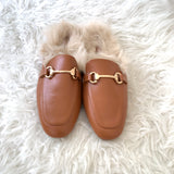 Nature Breeze Camel Faux Fur Mules with Gold Buckle- Size 10