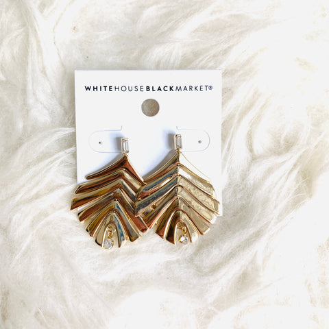 White House Black Market Gold Leaf Earrings with Rhinestone Details NWT