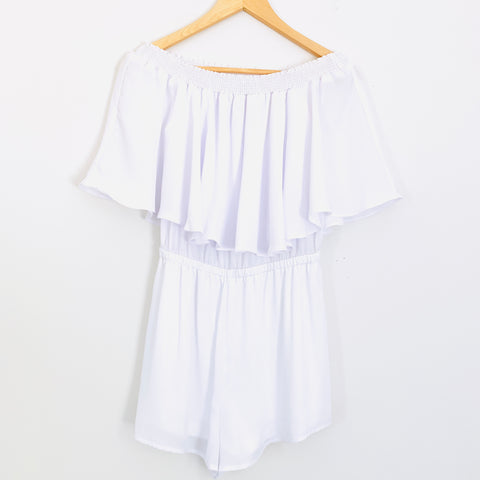 Show Me Your Mumu White Off the Shoulder Ruffle Romper- Size S