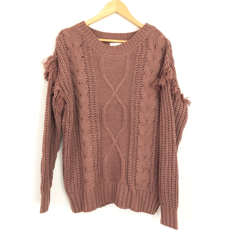 Everly Muted Plum Cable Knit Sweater with Fringe Shoulder- Size S