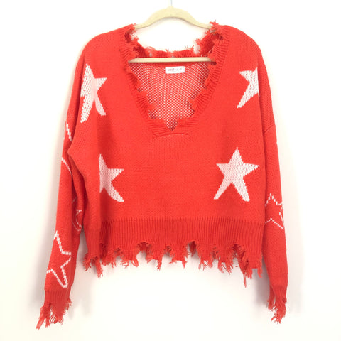 Vestique Orange Star V-Neck Fringe Wide Cut Sweater- Size S/M