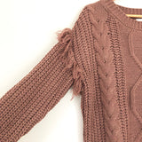 Everly Muted Plum Cable Knit Sweater with Fringe Shoulder- Size S