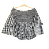 BP Smocked Gingham Ruffle Sleeve Off the Shoulder Top- Size S