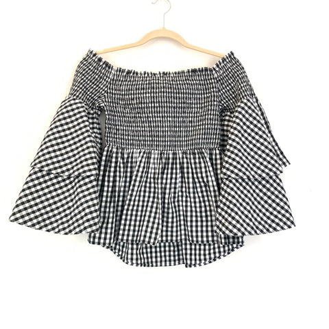BP Smocked Gingham Ruffle Sleeve Off the Shoulder Top- Size S