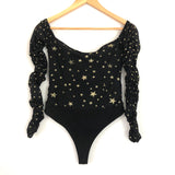 Lovers + Friends Off the Shoulder Black/Gold Star Thong Bodysuit with Sheer Sleeves- Size S